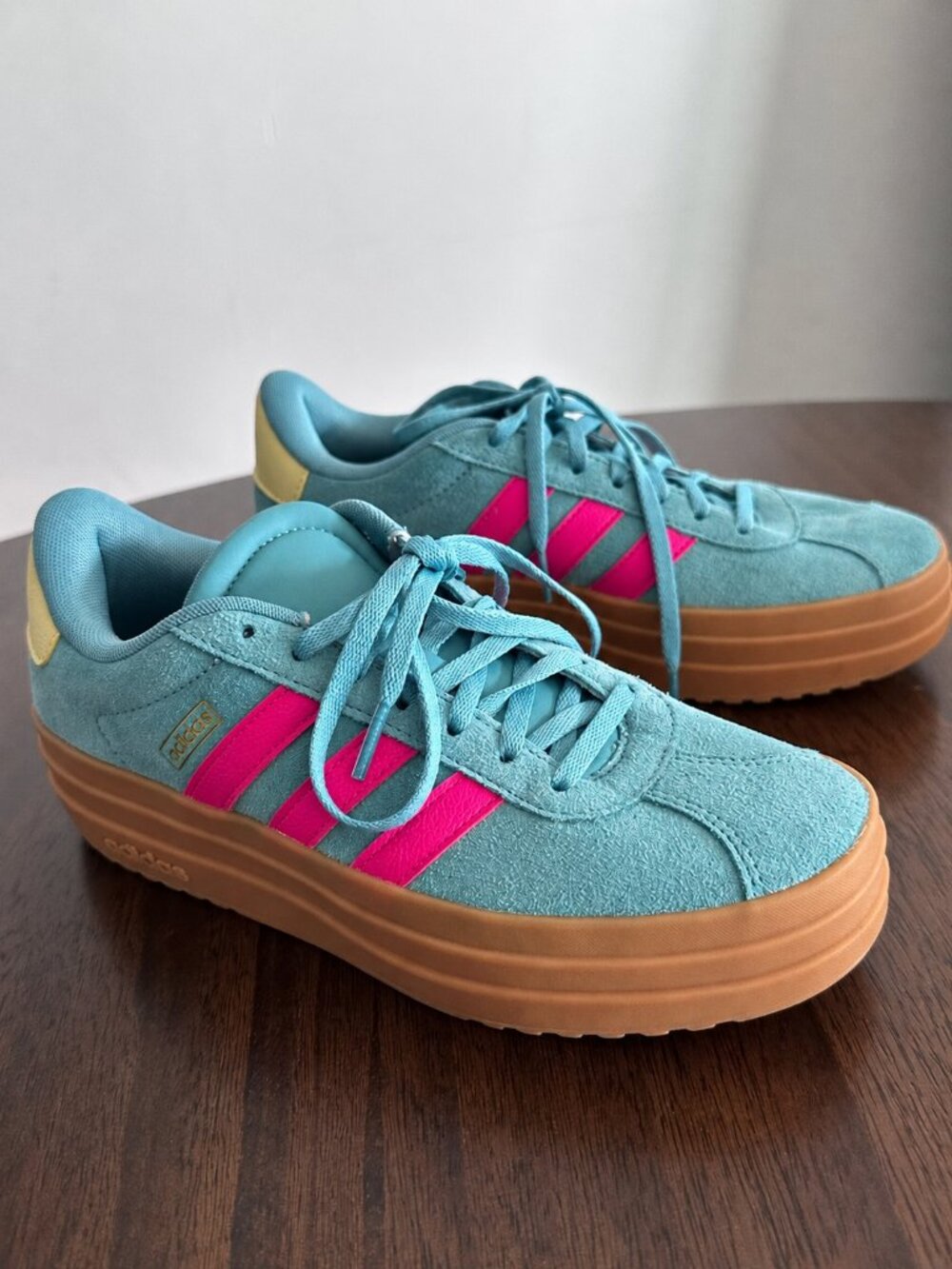 adidas Women’s Turquoise Suede Platform Sneakers with Pink Stripes and Gum Sole